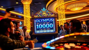 Players enjoying the Olympus 1000 slot machine in an opulent casino atmosphere.