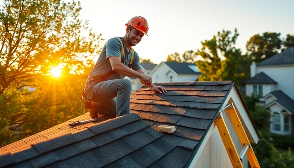 Affordable roofer near Flowery Branch, GA installing shingles on a residential roof.