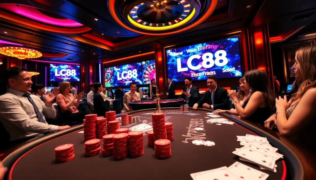 Experience the excitement of LC88 in a luxurious casino scene with poker tables and roulette wheels.