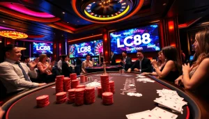 Experience the excitement of LC88 in a luxurious casino scene with poker tables and roulette wheels.