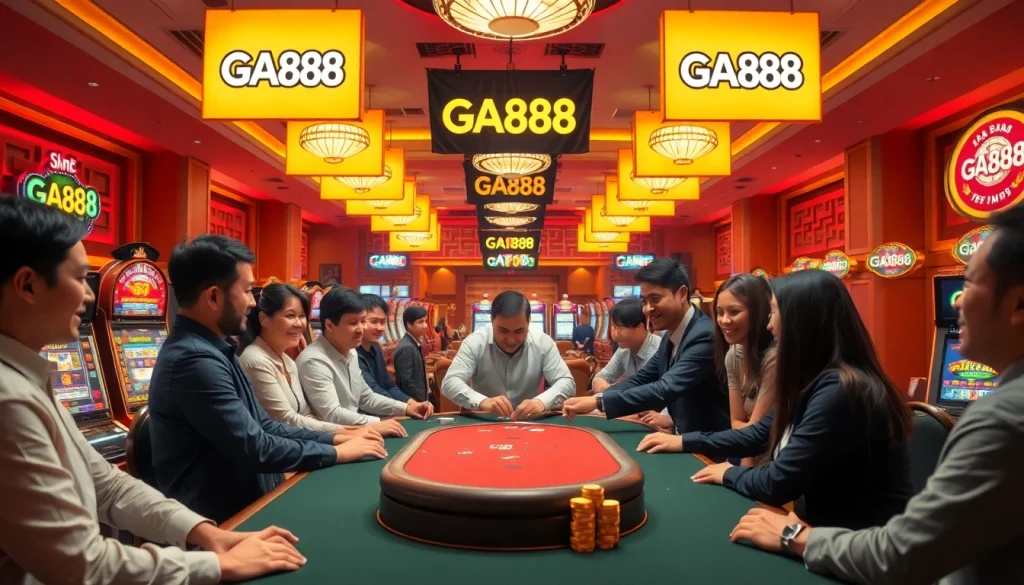 Experience high-stakes gambling excitement at GA888, featuring vibrant poker tables and colorful slot machines.