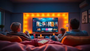 Lauthaitv streaming interface in a cozy living room, engaging family scene.