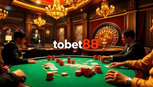 Tobet88 poker table with players and vibrant casino atmosphere