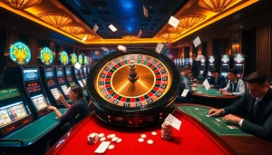 Naga99 players celebrating a win at a lavish casino with vibrant roulette and slot machines.