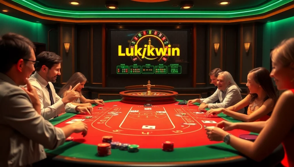 Experience the thrill of Luckywin with vibrant poker chips and a dazzling roulette wheel in a luxurious casino.