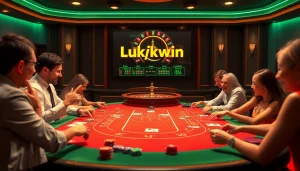Experience the thrill of Luckywin with vibrant poker chips and a dazzling roulette wheel in a luxurious casino.