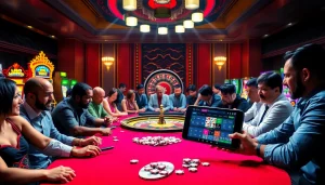 Players enjoying poker at LC88 casino table with vibrant atmosphere and roulette wheel in background