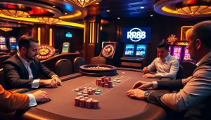 Exciting RR88 casino scene showcasing poker action with vibrant chips and roulette wheel.