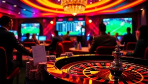 SBOBet betting slip with poker chips and a roulette wheel in a luxurious casino setting.