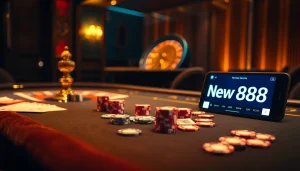Engaging poker scene with New888 theme highlighting high-stakes betting and luxury.