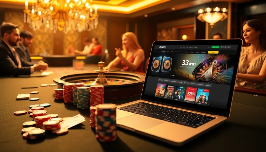Players enjoying their experience at 33win online casino with vibrant gambling tables and poker chips.