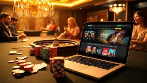 Players enjoying their experience at 33win online casino with vibrant gambling tables and poker chips.