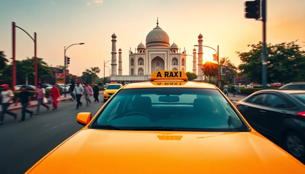 Agra Taxi service featuring a clean taxi with the Taj Mahal backdrop in vibrant cityscape.