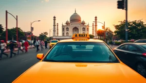 Agra Taxi service featuring a clean taxi with the Taj Mahal backdrop in vibrant cityscape.