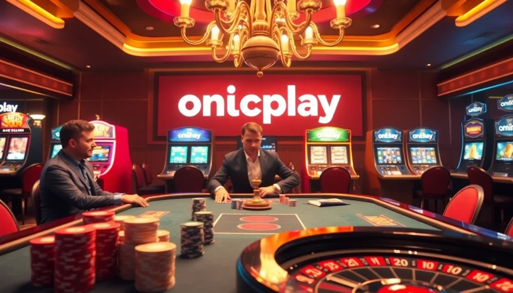 Experience the thrill of onicplay at a luxurious poker table with vibrant slot machines and exciting gameplay.