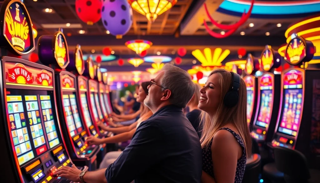 Menggambarkan suasana bermain slot depo 1k dengan pemain merayakan kemenangan di kasino.