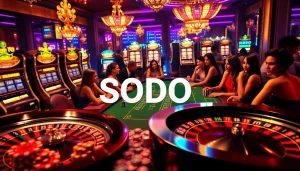 Engaging gambling scene featuring "SODO" in a lively poker table setup with slot machines.