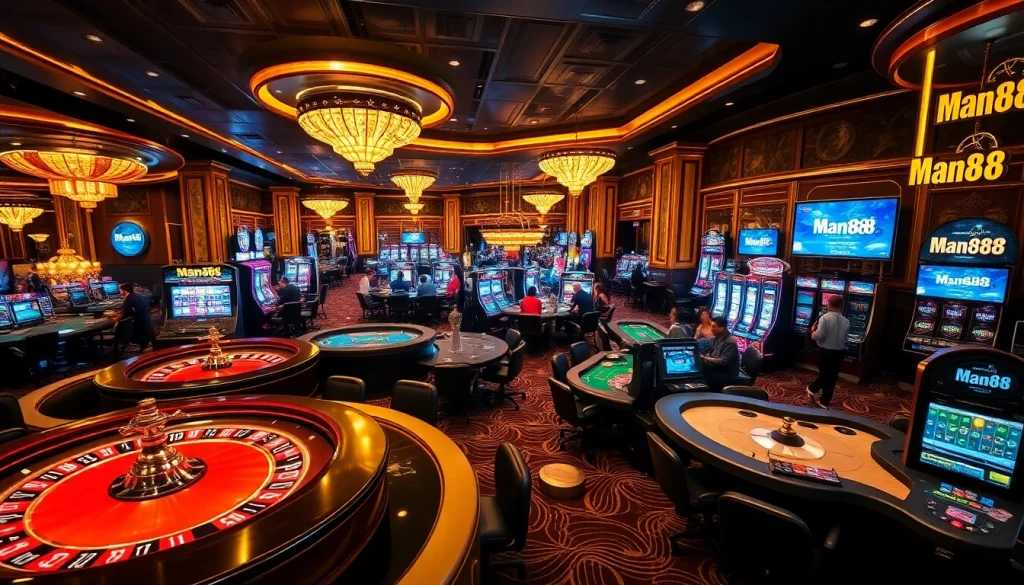 Experience thrilling gambling action at Man88's luxurious casino environment.