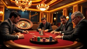 Intense poker gameplay at https://five88sss.com/ showcasing skill and strategy in a luxurious casino.