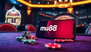 Engaging with the mu88 app on a stylish casino table surrounded by vibrant poker chips.