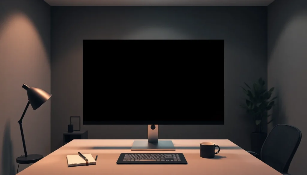 High-quality black screen image displayed on a computer monitor in a modern workspace.