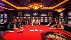 Players engaging in strategic poker at u888 com's high-stakes table with vibrant casino elements.