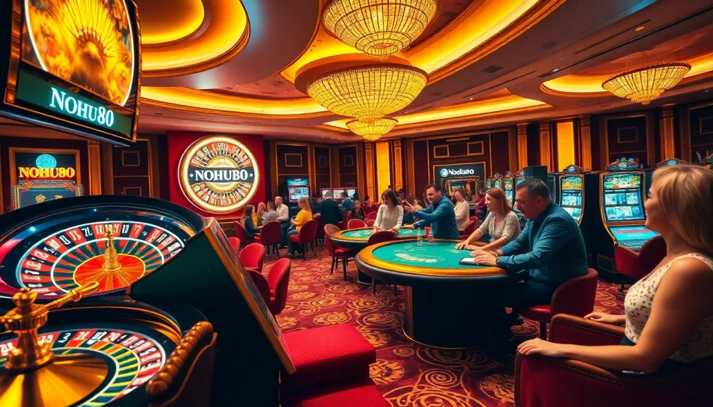 Players celebrating at the NOHU90 casino's vibrant poker table, showcasing excitement and luxury.