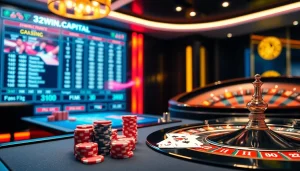 A vibrant casino scene with a poker table and online gaming interface at https://32win.capital/ showcasing gambling excitement.