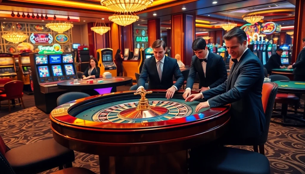 Players engaging in a luxurious mm88 casino experience at a roulette table surrounded by vibrant décor.