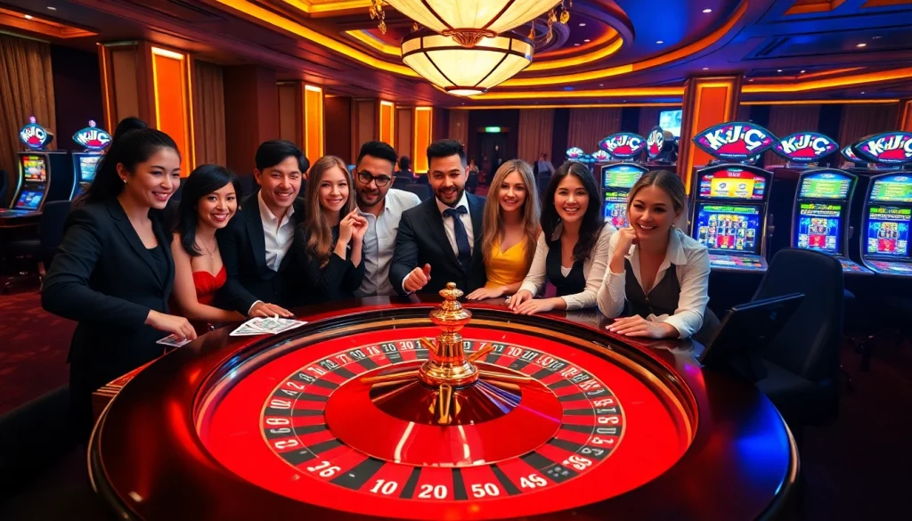 KJC casino scene featuring vibrant gaming table, poker chips, and lively players.