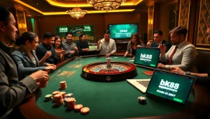 Experience the thrill of bk8 login with a glamorous casino scene featuring poker chips and a roulette wheel.