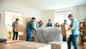 Showcasing efficient Moving Services by professional movers in a bright living room.