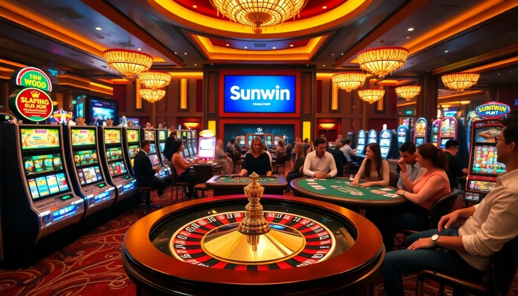 Experience the thrill of Sunwin at a luxurious casino featuring vibrant slot machines and engaging blackjack tables.