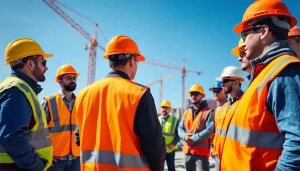 Highlighting construction site safety with workers collaborating effectively and safely on-site.