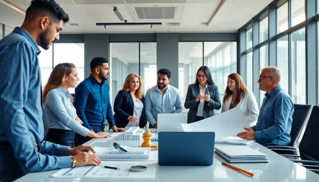 A construction association team collaborates in a modern meeting room, discussing project plans.