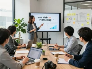 現代のオフィスでウェブマーケティング戦略について協力する合同会社SUMXのチーム。