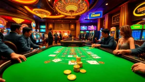 Players engaging at a TR88 blackjack table in a vibrant casino atmosphere filled with excitement.