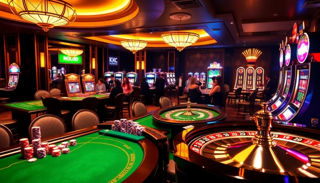 Engaging casino scene showcasing the excitement at https://www.kjc.global/ with players at poker tables and vibrant slot machines.