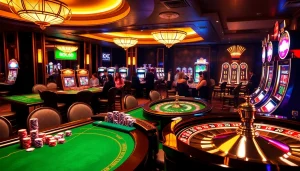 Engaging casino scene showcasing the excitement at https://www.kjc.global/ with players at poker tables and vibrant slot machines.