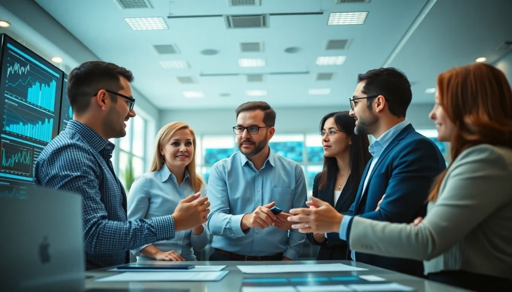 Analyzing competitive intelligence faqs with a diverse team in a modern office setting.