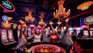 Momen kemenangan di vegas88 saat permainan kasino, ceria dengan mesin slot berwarna-warni.