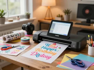 Using an Svg for Cricut to craft vibrant birthday decorations in a cozy studio.