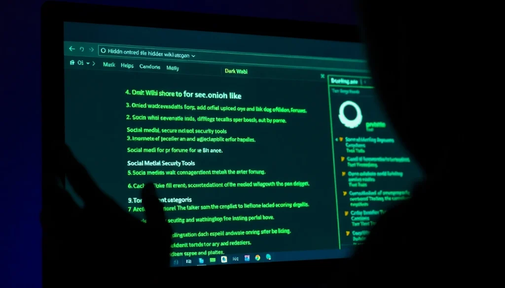 The Hidden Wiki interface displayed on a screen, showcasing .onion links and tools for secure browsing.
