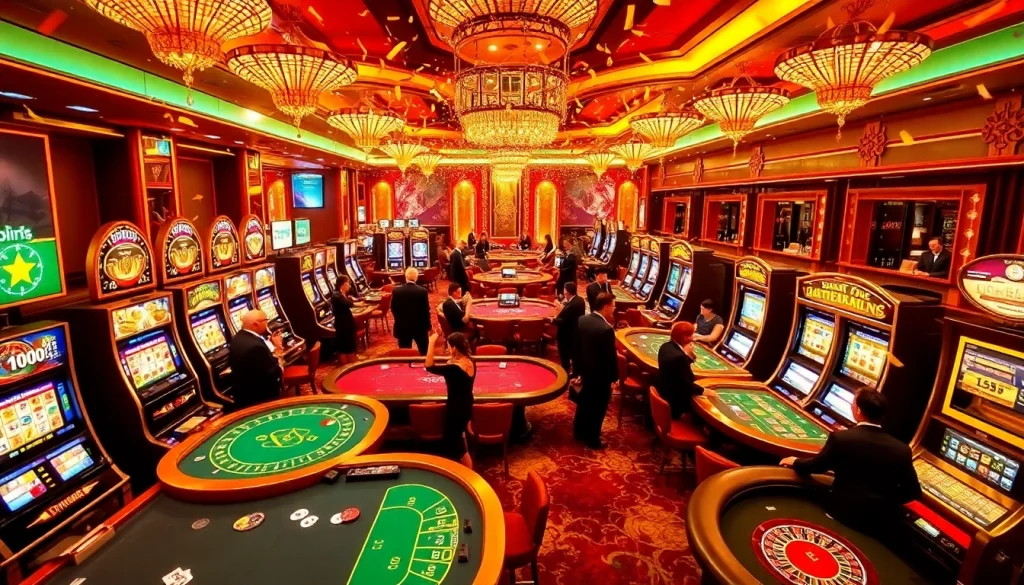 Experience the excitement of THABET Casino with colorful gaming tables and lively players.