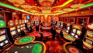 Experience the excitement of THABET Casino with colorful gaming tables and lively players.