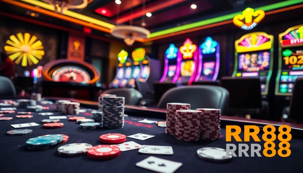 RR88 players strategizing at a high-stakes poker table in a vibrant casino setting.