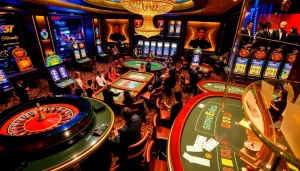 Experience high-stakes gameplay with mm88bet at a luxurious casino scene featuring roulette and poker tables.