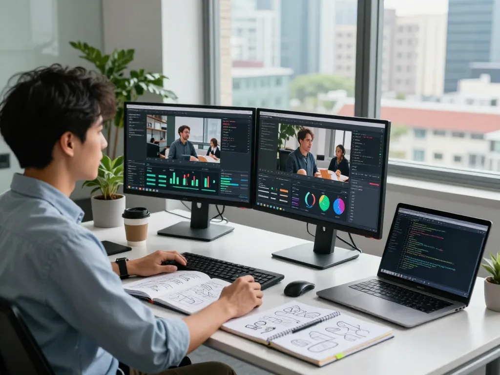 Analyze video to prompt with AI tools in a modern office setting.