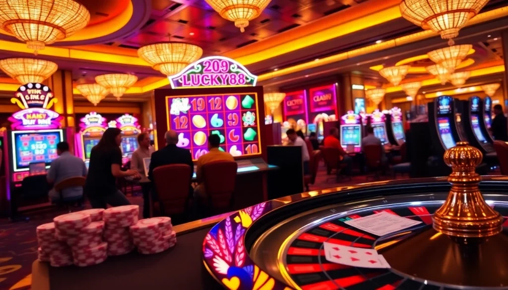 Experience the thrill of the LUCKY88 slot machine surrounded by exciting casino elements.