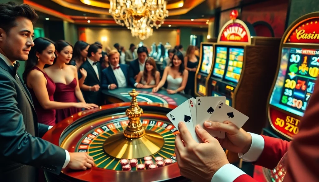 Des joueurs captivés dans un luxueux casino en ligne avec une roulette, des cartes et des machines à sous vibrantes.
